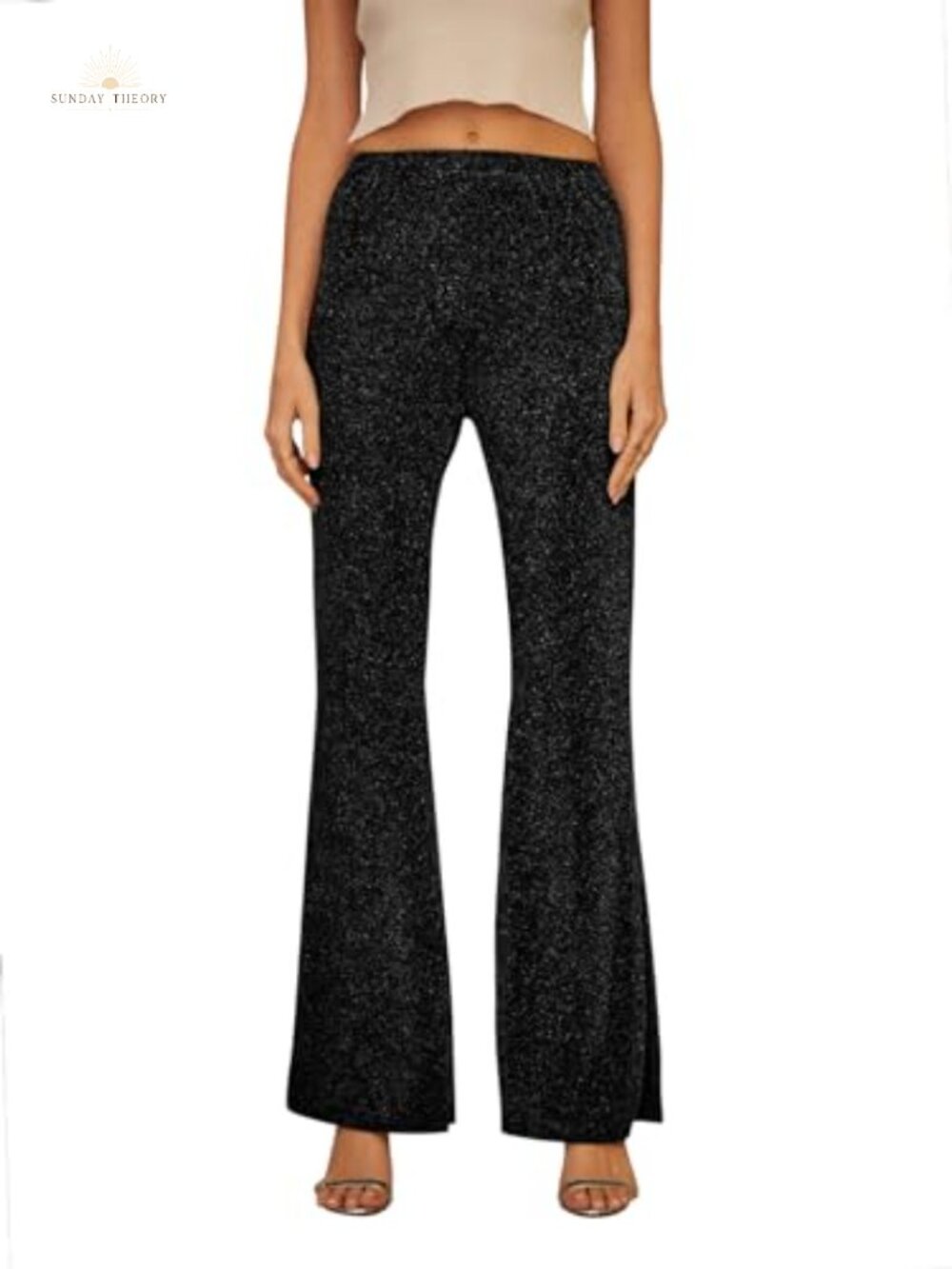 Sequin Bell Bottom Pants for Women Elastic Waist Sparkly Flare Bottoms